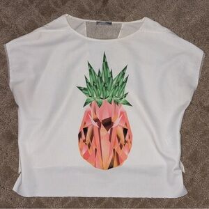 Zara Cropped White Top, Geometric Pineapple, Mesh Back,Women’s Medium